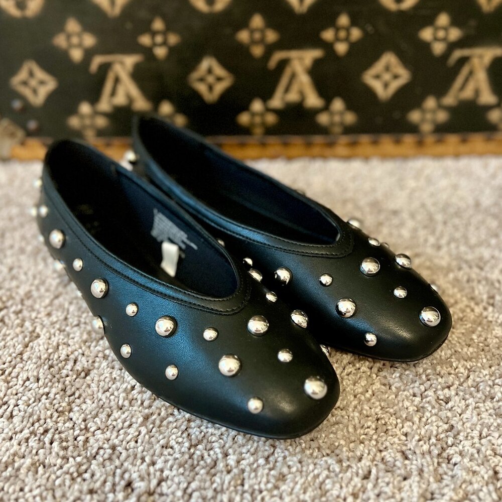 Target A New Day Black Leather Silver Studded Flats, NEW